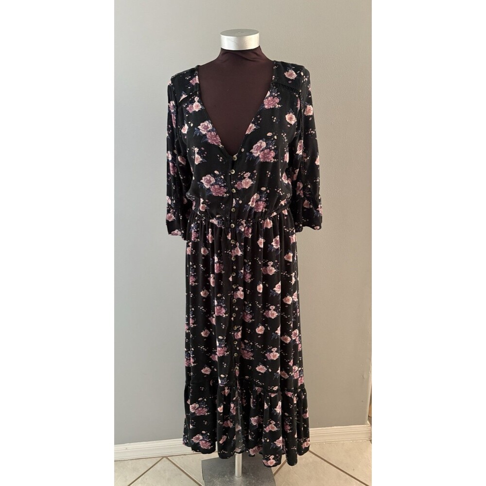 American Eagle Floral Maxi Dress Size L Black Cottage Prairie Country Hi Low
